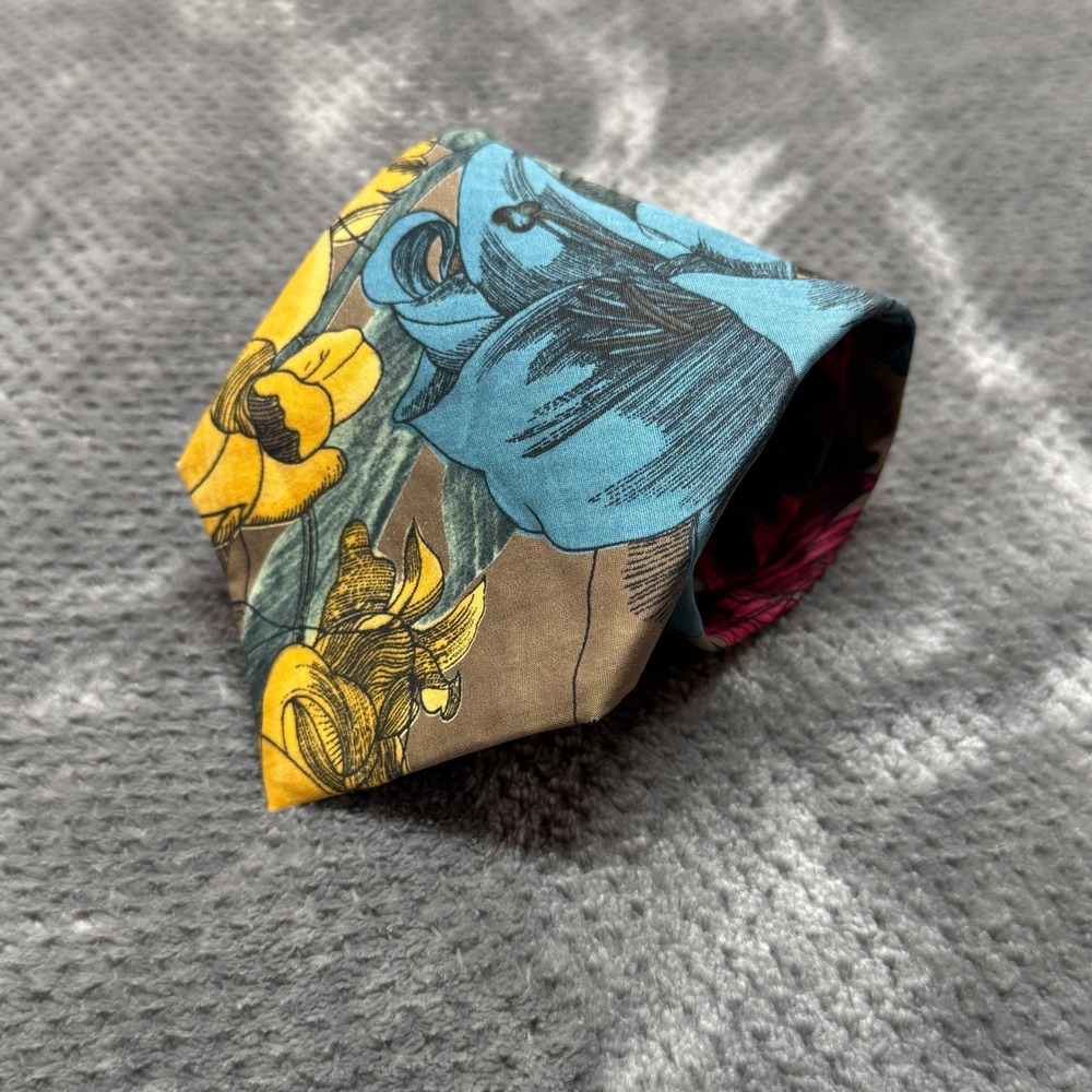 Fraser Thomson & Sons Floral Silk Necktie Tan Blue Yellow Magenta Botanical Tie